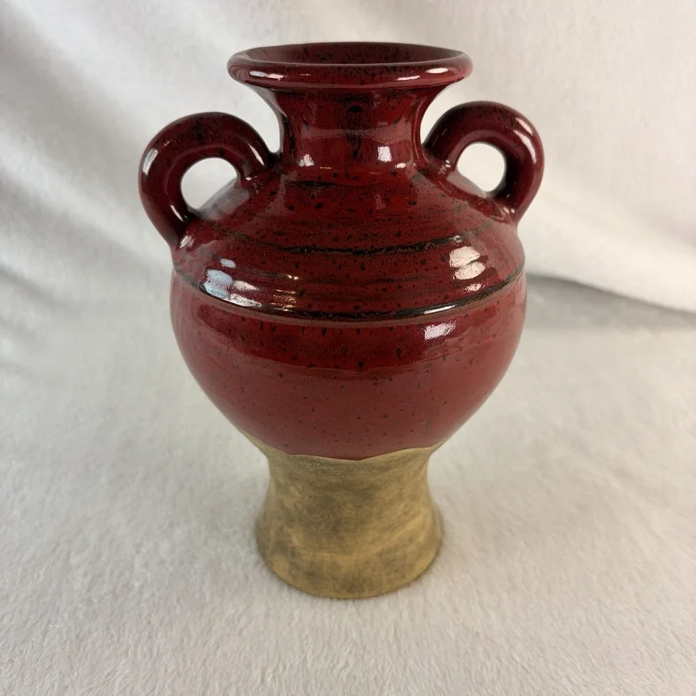 Retired Southern Living at Home Verona Red Olive Jar Vase Double Handle 7.5